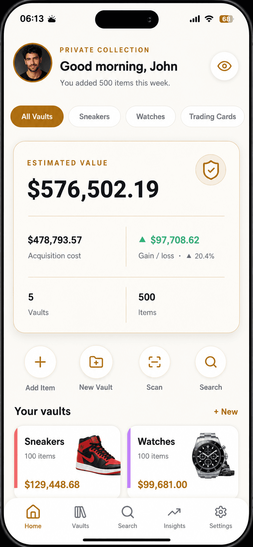 Flosna Vault collection dashboard